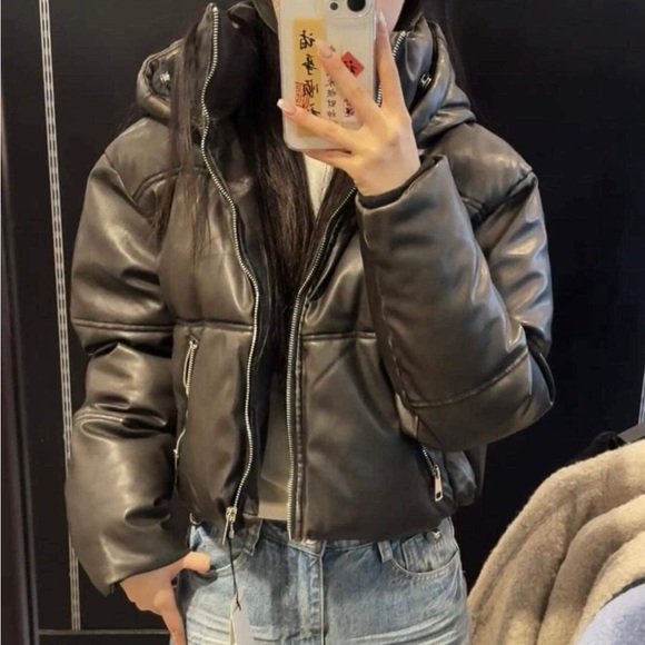 Zara Faux Leather Cropped Puffer Anorak - Picture 1 of 8